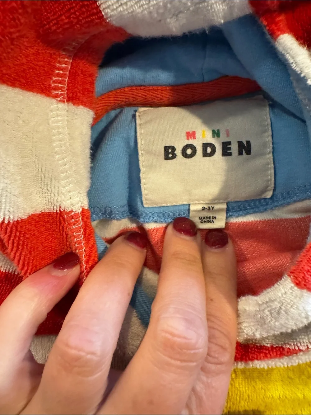 Mini Boden Kids Red & White Stripe Hooded Toweling Coverup with Crab Appliqué